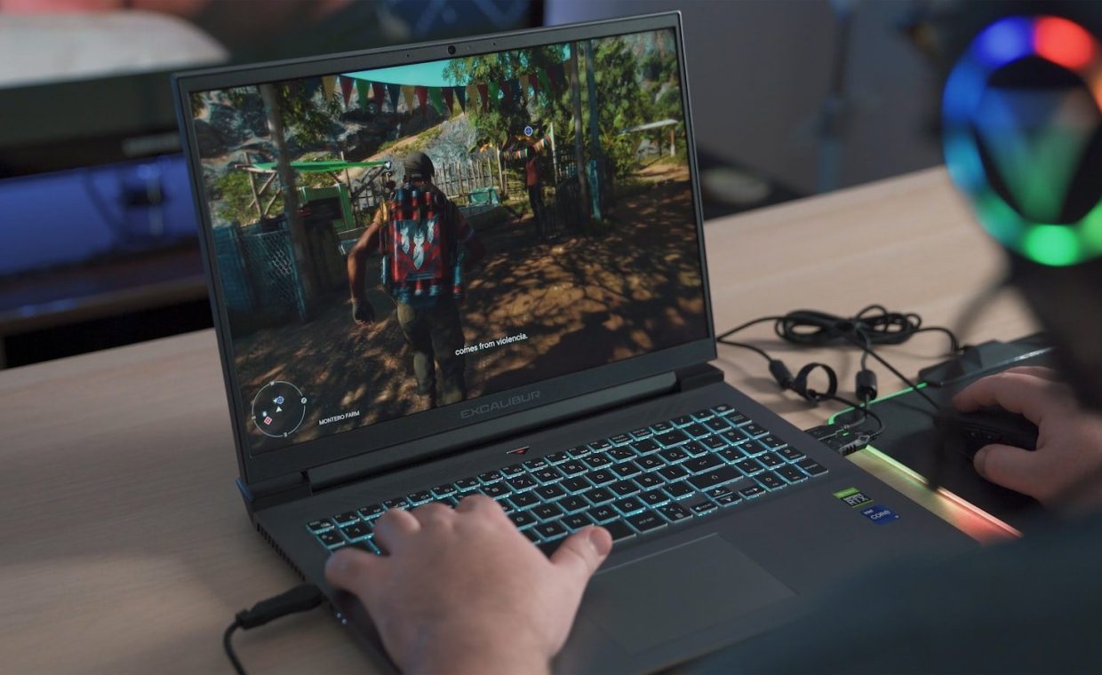 a person playing a video game on a laptop